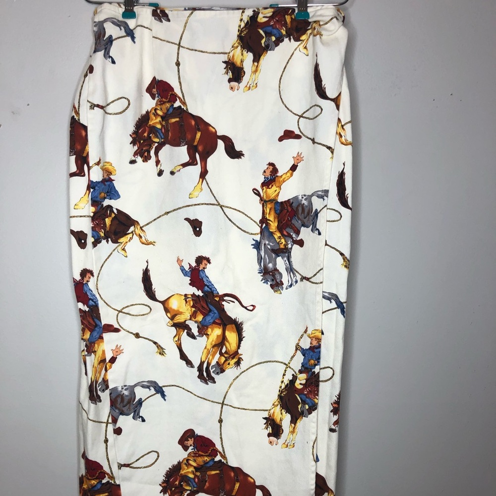 Vintage denim wrap skirt in cool cowboy print.